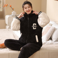 冬季三层加厚加绒保暖夹棉女士睡衣家居服