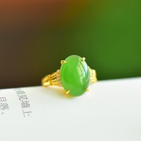 新疆和田玉碧玉S925银镶嵌玉戒指开口活口戒子女款时尚 附证书
