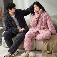 冬季三层加厚加绒法兰绒夹棉长袖情侣睡衣套装