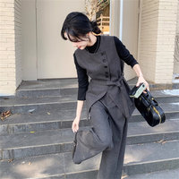 西装马甲长袖上衣阔腿裤三套装