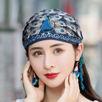 民族风绣花薄款棉麻帽子女帽孔雀开屏绣花帽子系带头巾帽包头帽子