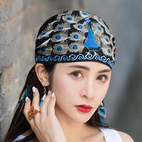 民族风绣花薄款棉麻帽子女帽孔雀开屏绣花帽子系带头巾帽包头帽子